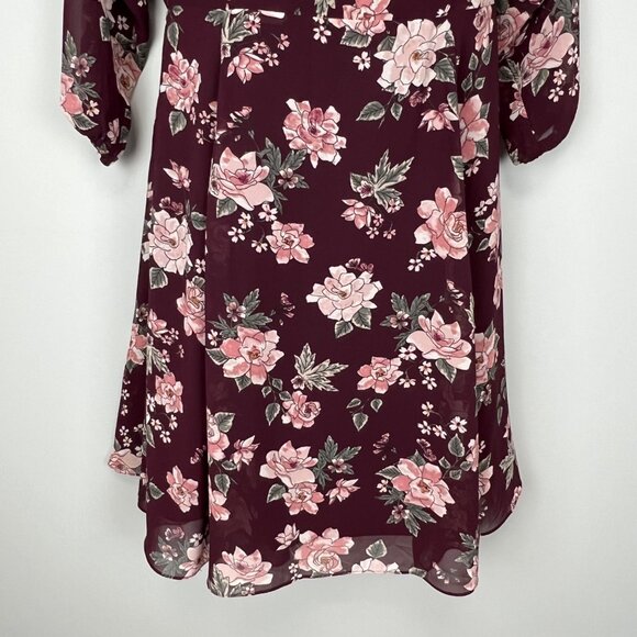 Torrid Womens Floral Cold Shoulder Skater Dress Burgundy Wine Ruffle size 14 - Picture 7 of 12